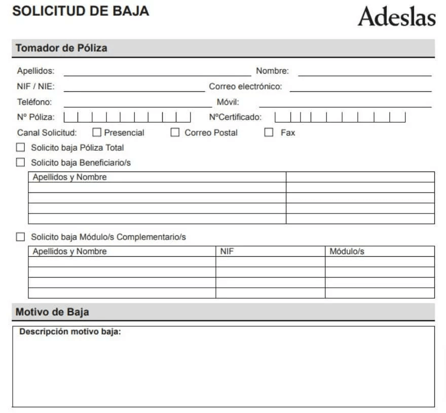 Solicitud para darme de baja en Adeslas